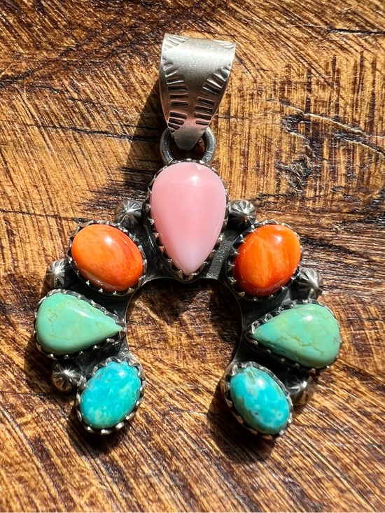 Hand Crafted Jewelry - Sterling Silver Multi Stone Naja Pendant Kingman Turquoise Pink Conch Spiny